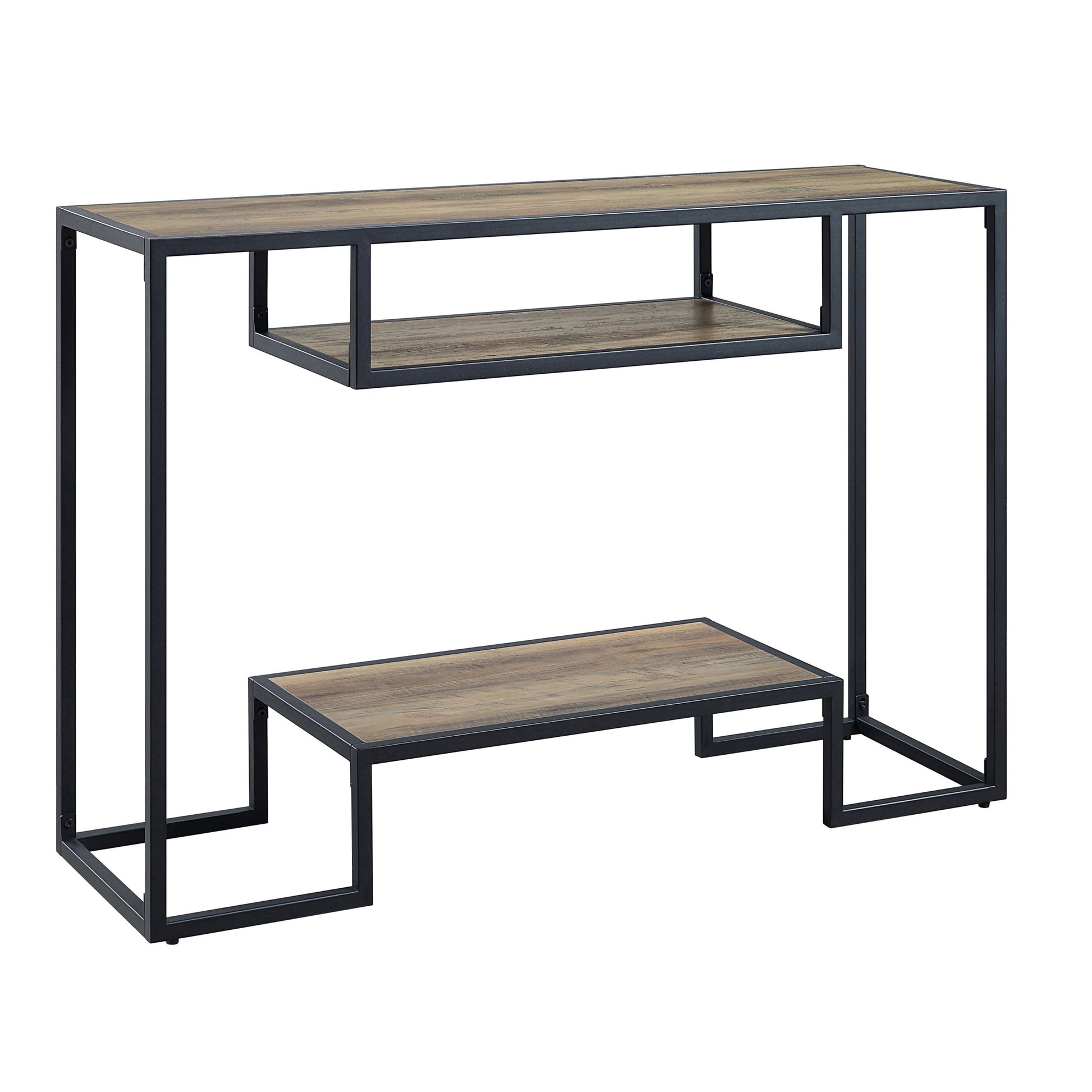 Rustic Oak And Black Console Table With 2 Shelves Rustic Primary Living Space Industrial Oak Shelves Rectangular Wood Metal Sled