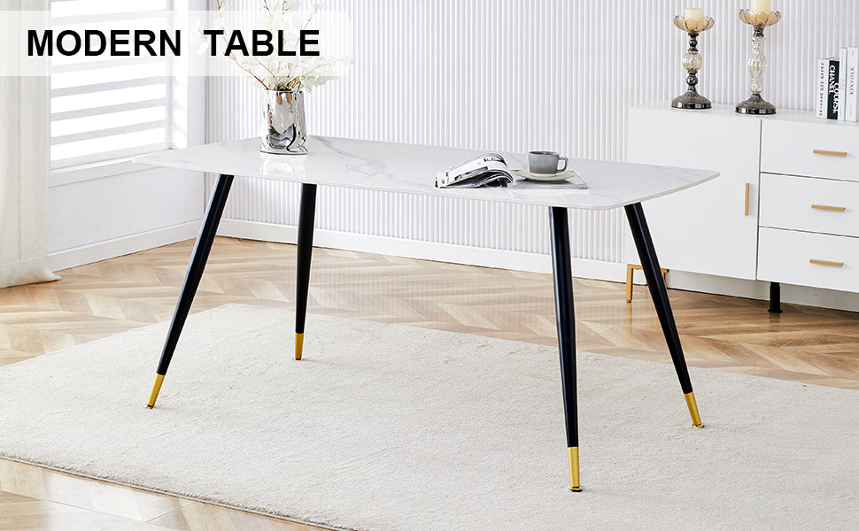 Modern Minimalist Dining Table. White Imitation Marble Pattern Sintered Stone Desktop With Black Metal Legs.62.2"*34.6"*30" F 001 Black Gold Sintered Stone