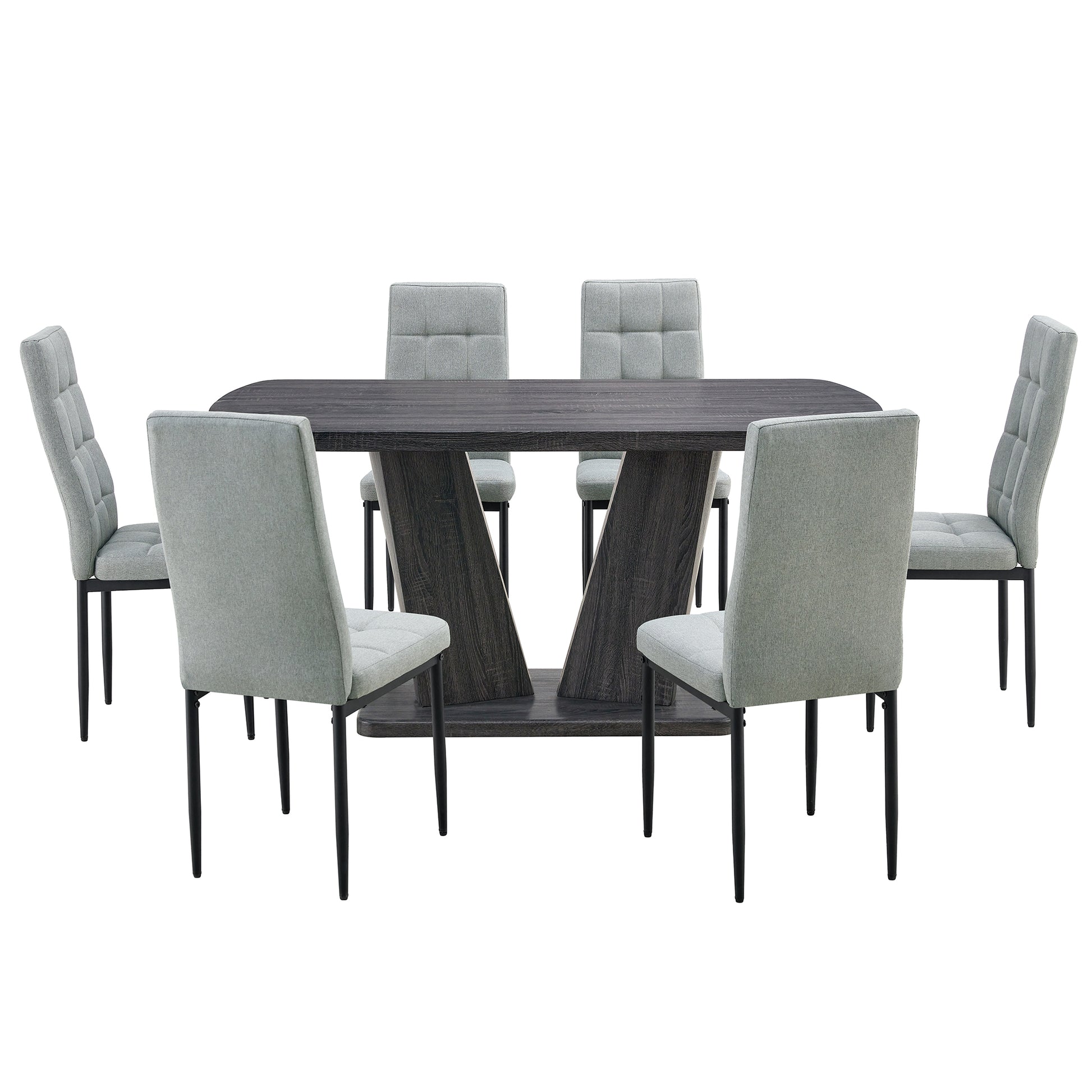 Dining Table Set For 6, 7 Piece Kitchen Table Chairs Set, 1.8" Thickness Tabletop And V Shaped Table Legs, Modern Dining Room Set With 63 Inch Dinner Table And 6 Upholstered Chairs For Dining Room Metal Gray Dining Room Classic,Mid Century Modern,Modern