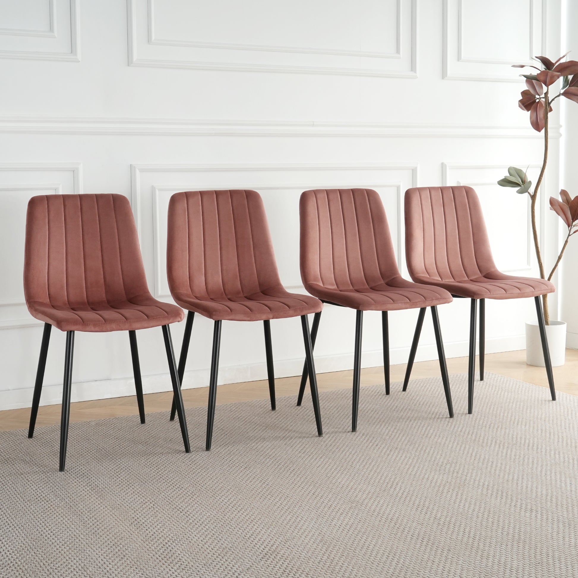Interior Pink Velvet Dining Chair, Modern Kitchen Dining Chair With Cushion Back, Upholstered Side Chair With Black Coated Metal Legs, Family Kitchen Dining And Living Room Set Of 4 Metal Pink