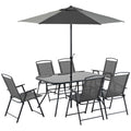 Outsunny 8 Piece Patio Dining Set With Table Umbrella, 6 Folding Chairs And Rectangle Dining Table, Outdoor Patio Furniture Set, Black Black Metal