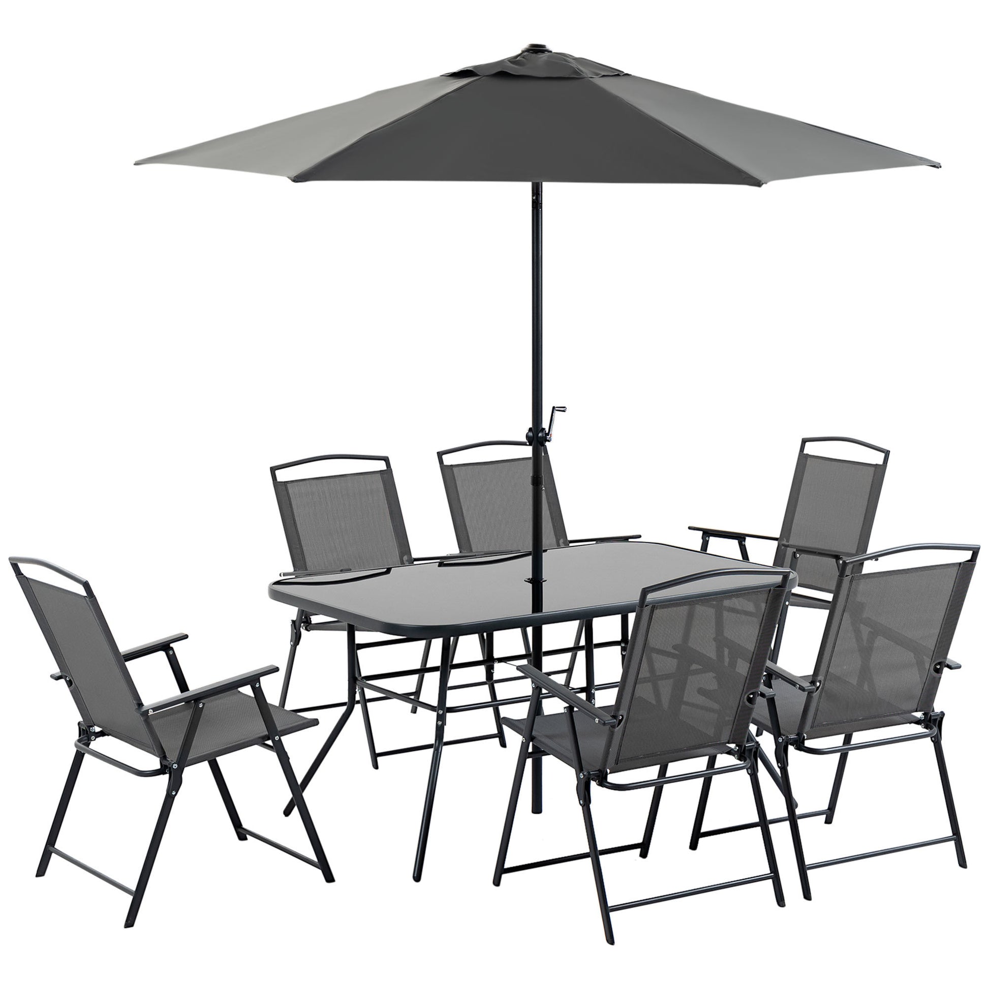 Outsunny 8 Piece Patio Dining Set With Table Umbrella, 6 Folding Chairs And Rectangle Dining Table, Outdoor Patio Furniture Set, Black Black Metal