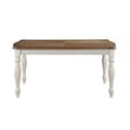 Fil 68 Inch Dining Table, Rustic Brown Rubberwood, White Turned Legs Brown White Wood Fabric