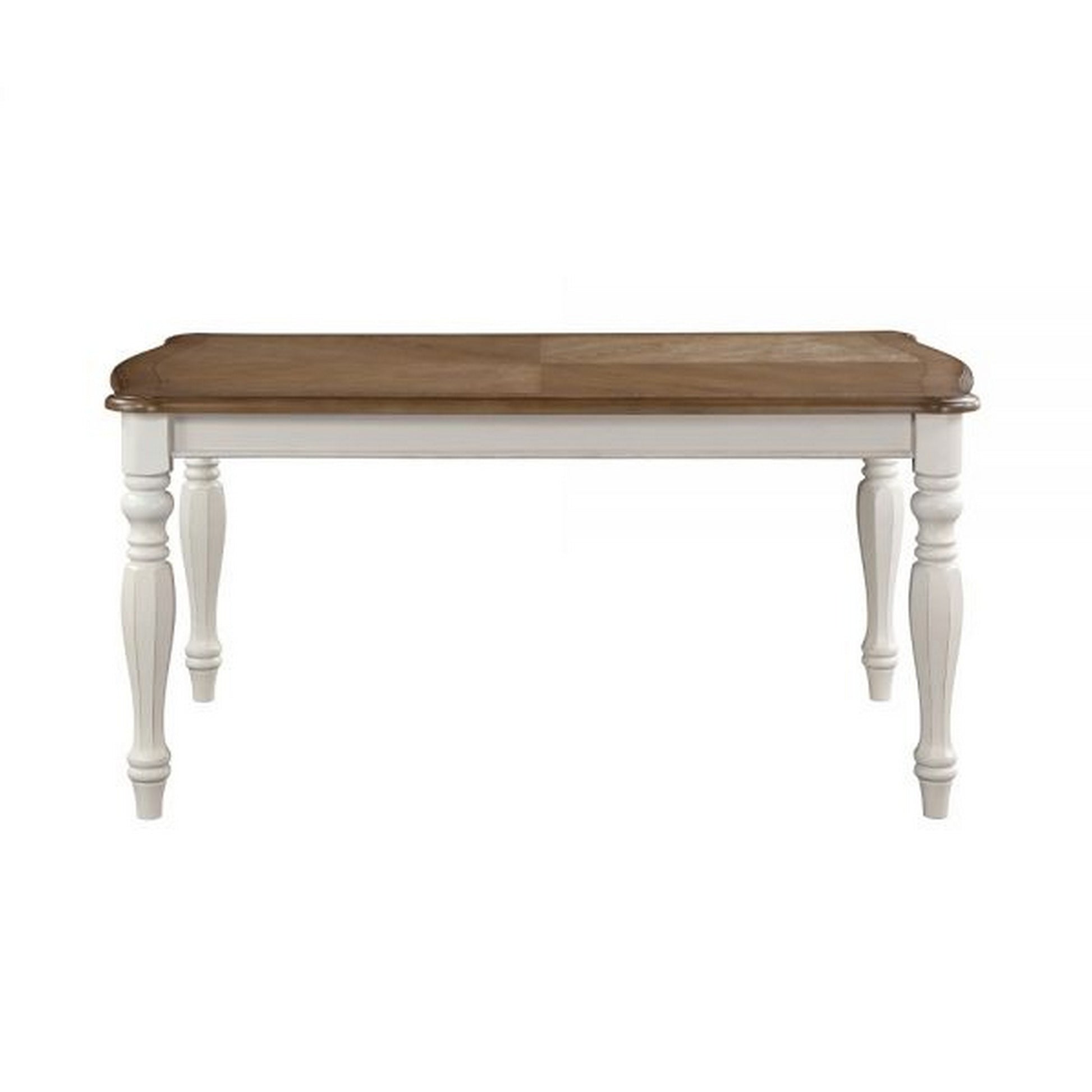 Fil 68 Inch Dining Table, Rustic Brown Rubberwood, White Turned Legs Brown White Wood Fabric