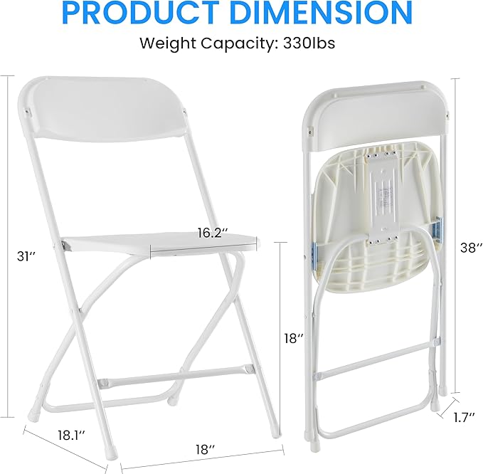 10 Pcs Folding Chair Plastic, Foldable Stackable Portable Seat With Metal Frame 330Lb Capacity, Outdoor Indoor Commercial For Party, Wedding, Event, Office, Patio, Picnic, Kitchen, White White