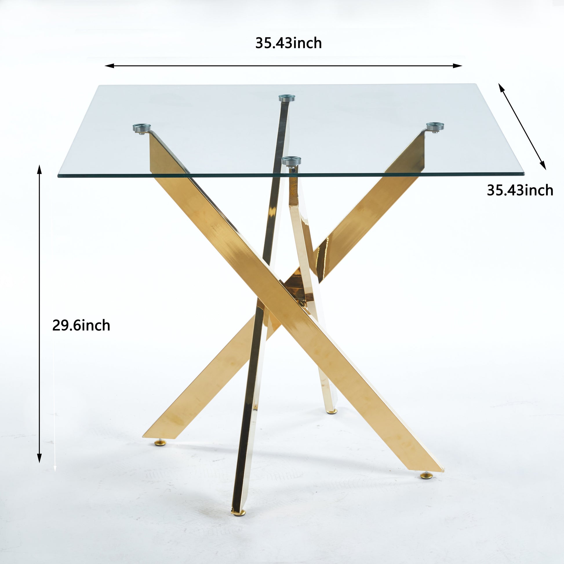 Dining Table With Cross Metal Leg And Tempered Glass,Modern Space Saving Kitchen Table For Living Room,Chrome Legs,Square Table,Golden Legs,90X90X75Cm Golden Glass Metal