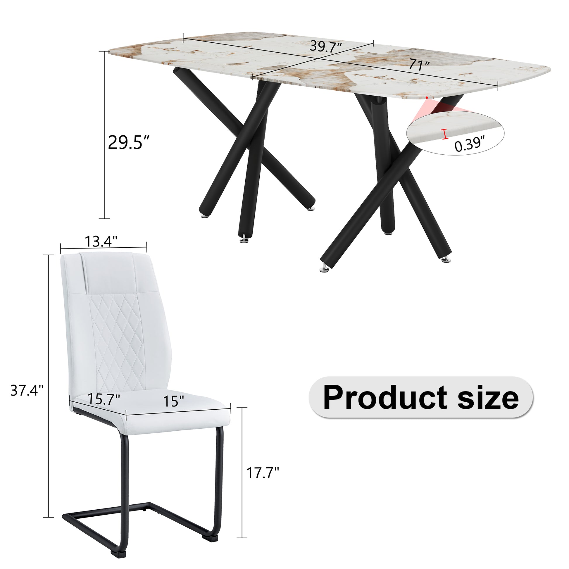 1 Table And 8 Chairs Set.A Rectangular Dining Table With A 0.39 Inch Imitation Marble Tabletop And Black Metal Legs.Paired With 8 Chairs With Pu Leather Seat Cushion And Black Metal Legs.F 1538,C