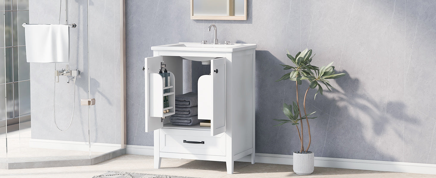 24" Bathroom Vanity With Sink, Bathroom Vanity Cabinet With One Drawer And Doors, Solid Wood And Mdf, White White Solid Wood Mdf