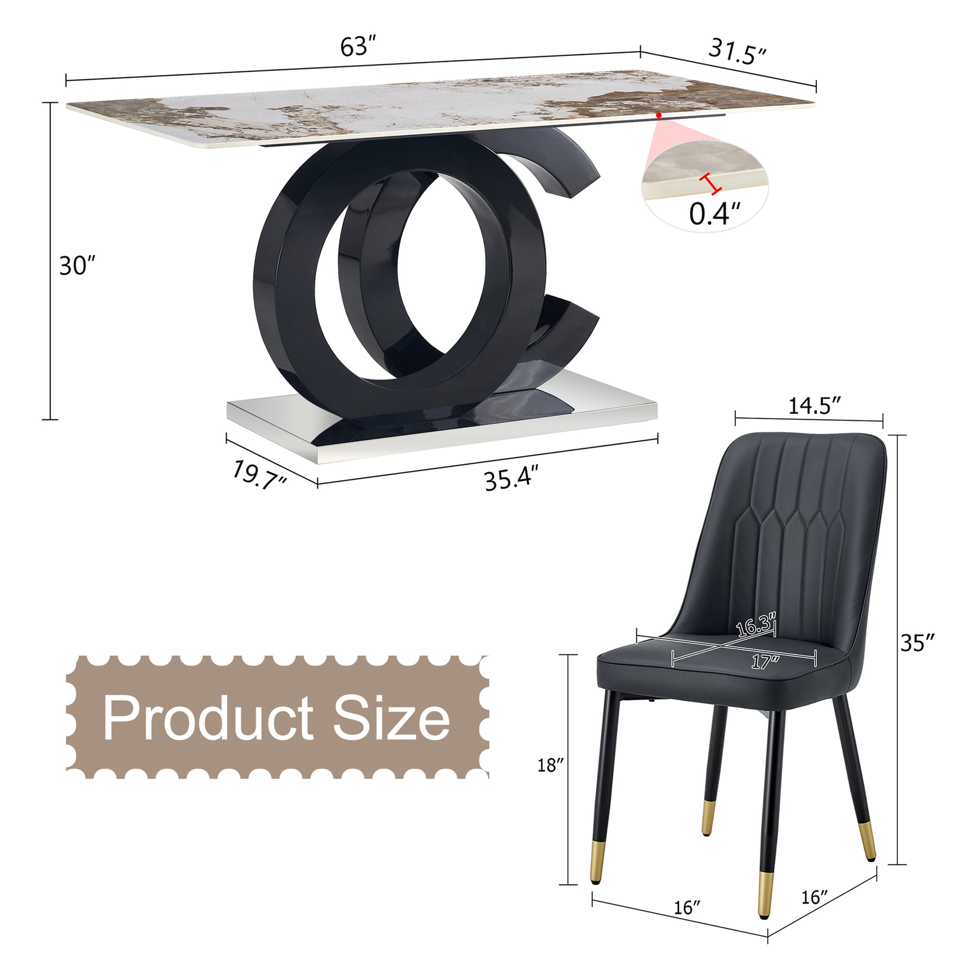 Table And Chair Set.63"X31.5" Marble Pattern Sintered Stone Table With Mdf Oc Shaped Bracket.Paired With 4 Black Chairs With Pu Cushions And Black Metal Legs.Suitable For Kitchen,Dining Room,Etc.