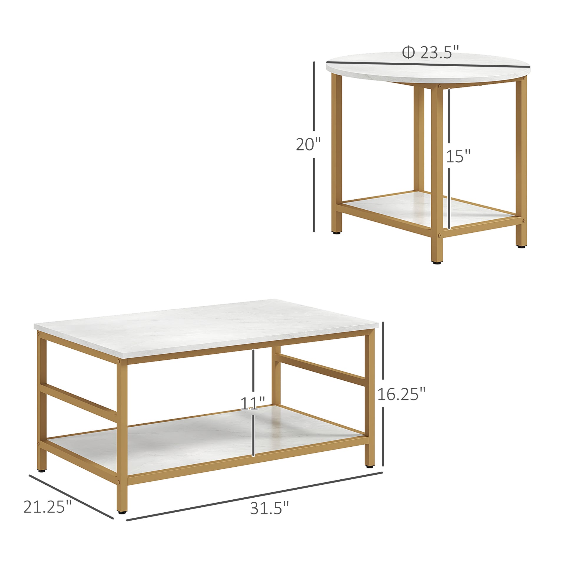 Homcom Coffee Tables Set Of 2, 2 Rier Rectangle And Round Coffee Table With Storage Shelves, Faux Marble Top And Steel Frame, Sofa Side Table For Living Room, White White Mdf