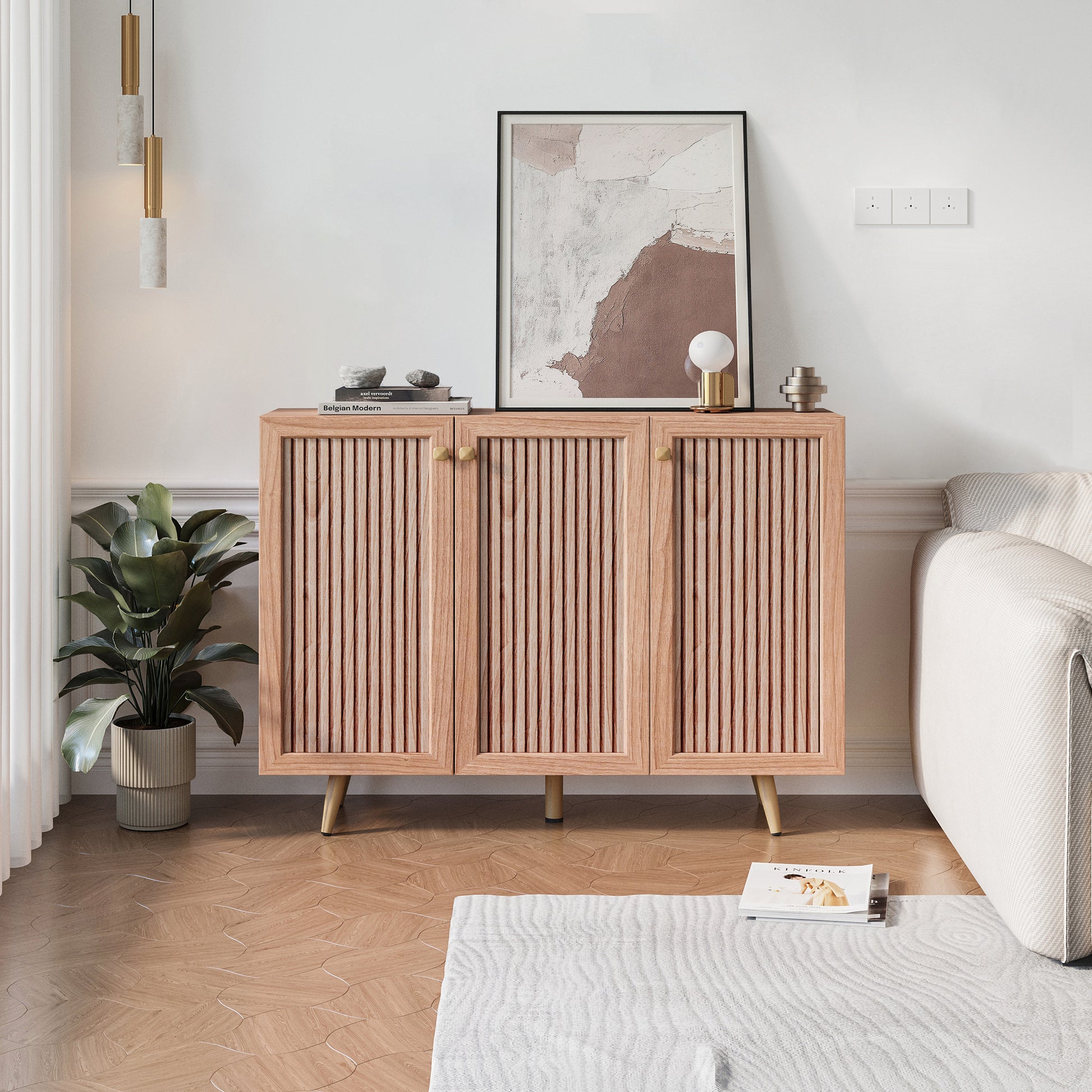 Storage Cabinet With Three Doors,Wood Sideboard Buffet Storage With Adjustable Shelf,Wood Coffee Bar Cabinet,Kitchen Buffet Cabinet Cupboard,46.85''W X 13.5''D X 30.7''H. Tangerine Particle Board