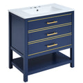 Viedo Modern 30Inch Navy Blue White Bathroom Vanity Cabinet Combo With Openstorge, Two Drawers Blue Bathroom Solid Wood Mdf