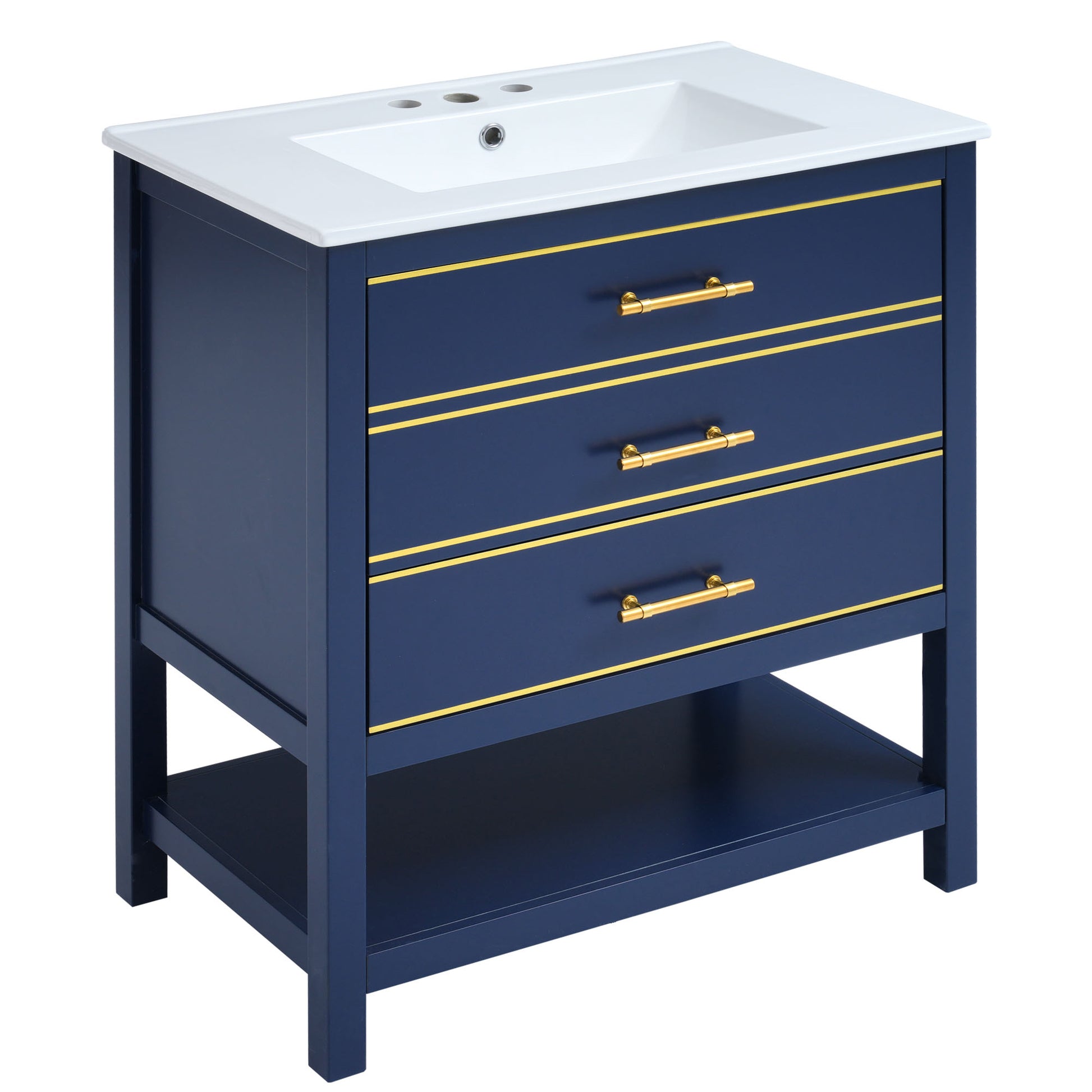 Viedo Modern 30Inch Navy Blue White Bathroom Vanity Cabinet Combo With Openstorge, Two Drawers Blue Bathroom Solid Wood Mdf