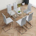 Modern Simple Rectangular Glass Dining Table, Solid Tempered Glass Tabletop, Electroplated Table Legs, Gray Pu Dining Chair Set, Suitable For Restaurant Kitchen Use Set Of 7 Upholstered Chair Glass Gray Pu Seats 6 Metal Rectangular Dining Table With