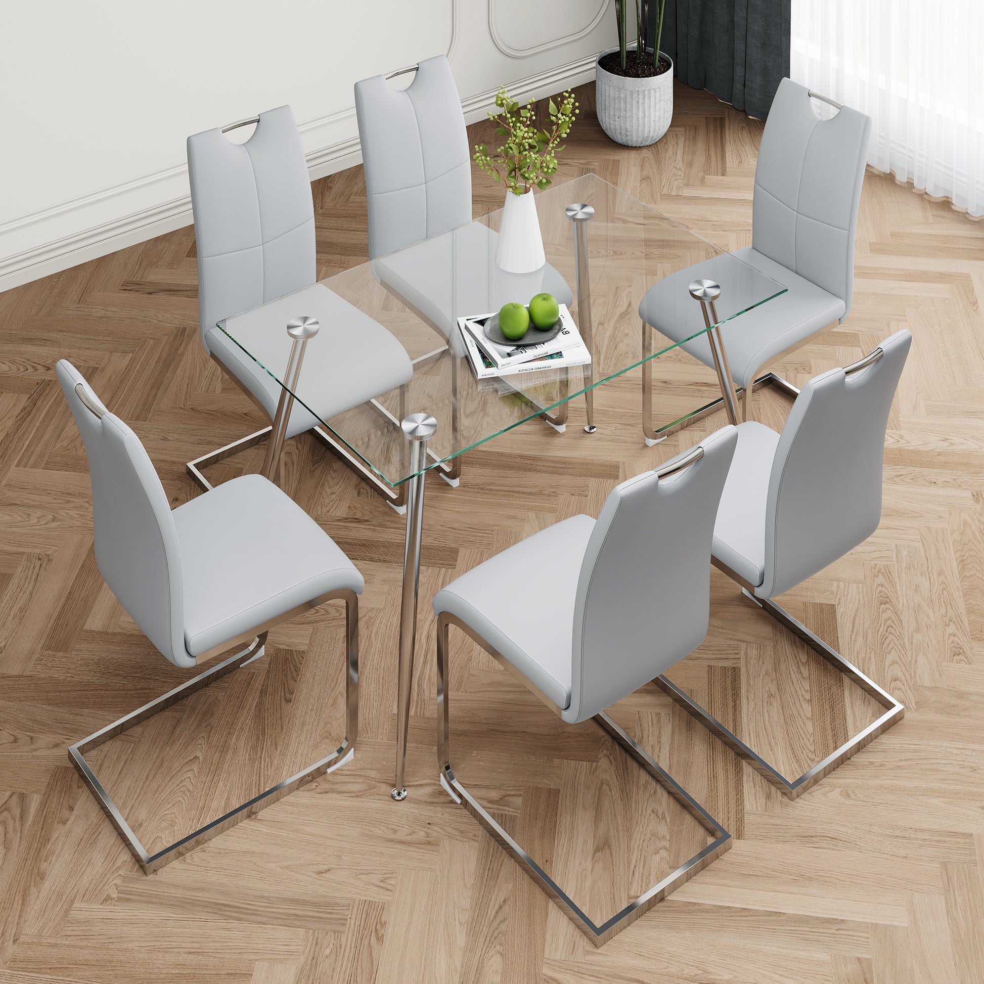 Modern Simple Rectangular Glass Dining Table, Solid Tempered Glass Tabletop, Electroplated Table Legs, Gray Pu Dining Chair Set, Suitable For Restaurant Kitchen Use Set Of 7 Upholstered Chair Glass Gray Pu Seats 6 Metal Rectangular Dining Table With