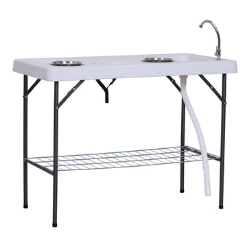 Outsunny Folding Fish Cleaning Table With Sink, Portable Camping Table With Faucet Drainage Hose, Grid Rack And Fish Cleaning Kit For Picnic, Fishing, 50" White Metal