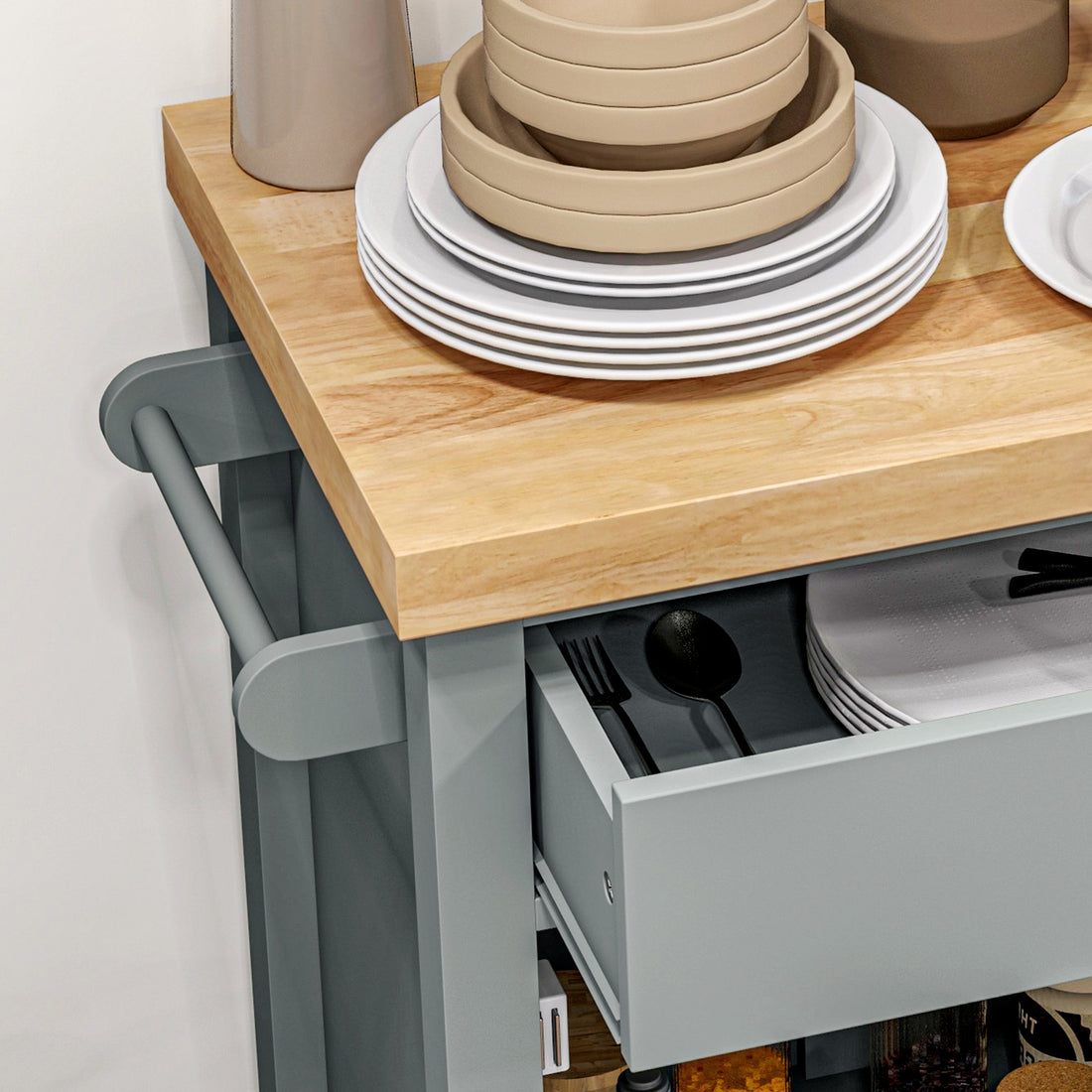 Homcom Utility Kitchen Cart, Rolling Kitchen Island With Smooth Rubberwood Top, Narrow Butcher Block Surface On Wheels With Storage Drawer & Cabinet, Gray Gray Engineered Wood