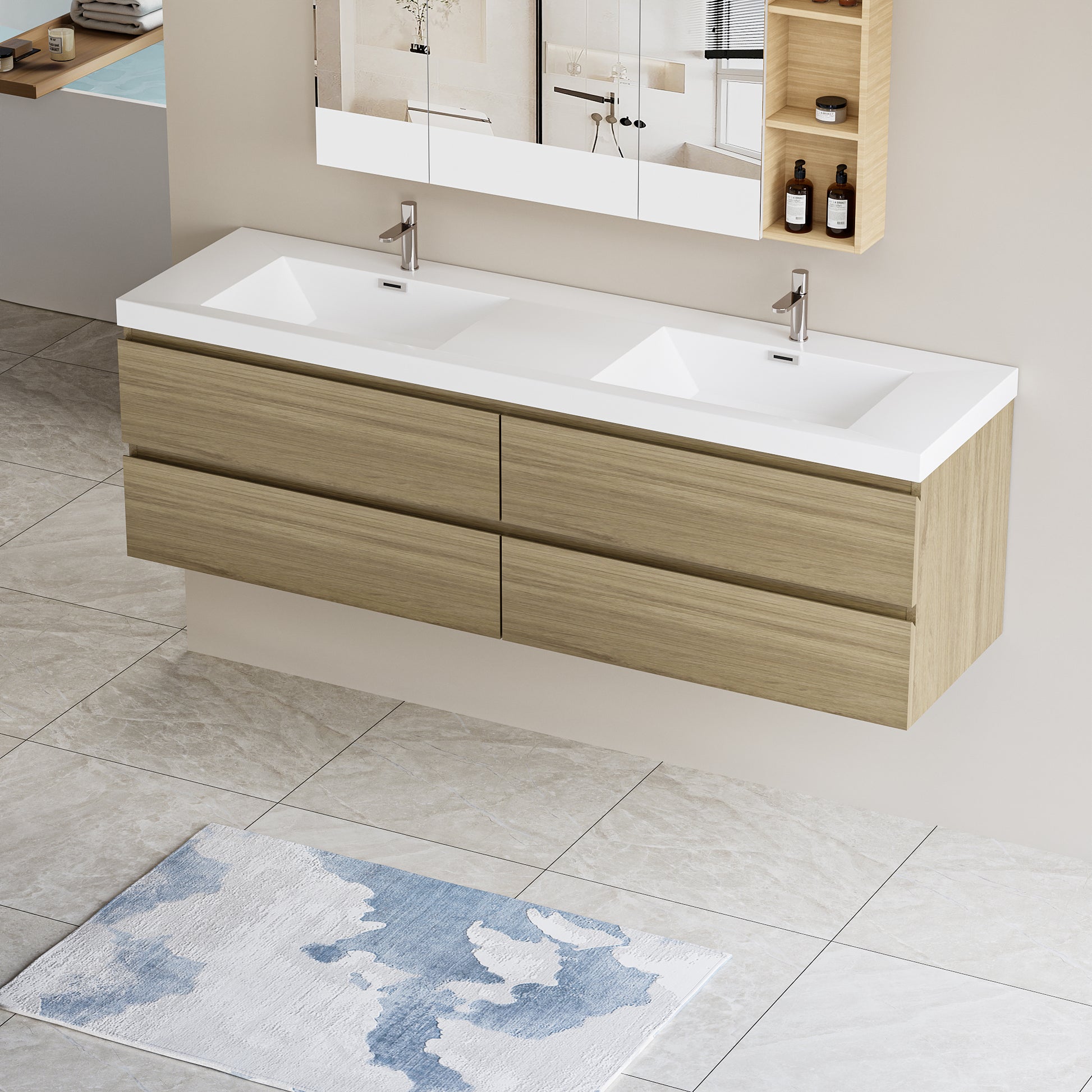 72" Floating Bathroom Vanity with Sink, Modern Wall 4+-oak-wall mounted-melamine