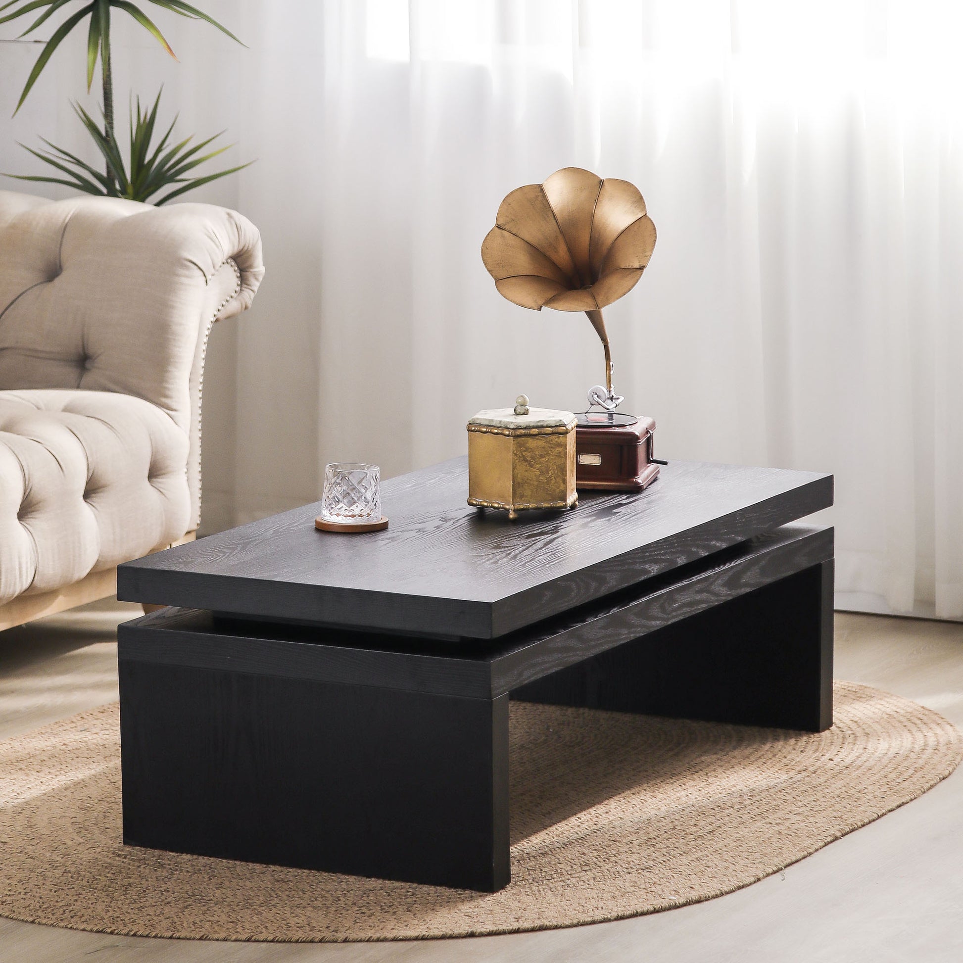 Modern Coffee Table, Black Wooden Coffee Table, Rectangle Cocktail Tea Table For Living Room, 47.6" L* 23.6" W * 16.3" H Antique Black,Black Desk Top Distressed Finish Dining Room Classic,Farmhouse,Industrial,Modern Floor Mount Ash Rectangular Coffee &