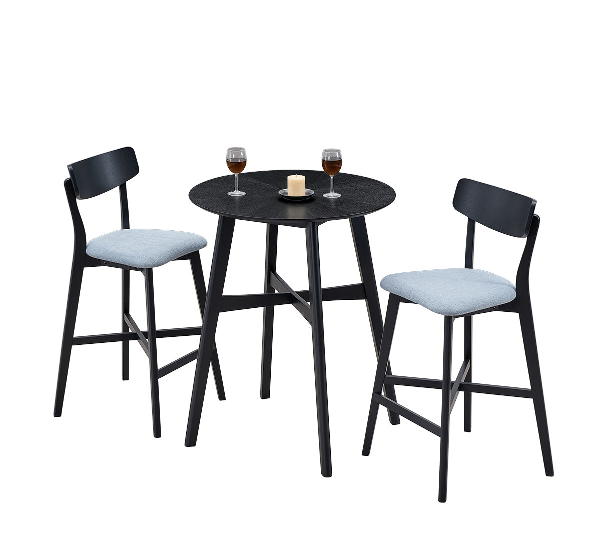 3 Pieces Bar Table Set,Modern Round Counter Height Pub Table, Wooden High Top With Bar Stools Pub Dining Set For Kitchen,Restaurant,Cocktail Bar,Black Black Solid Wood Mdf