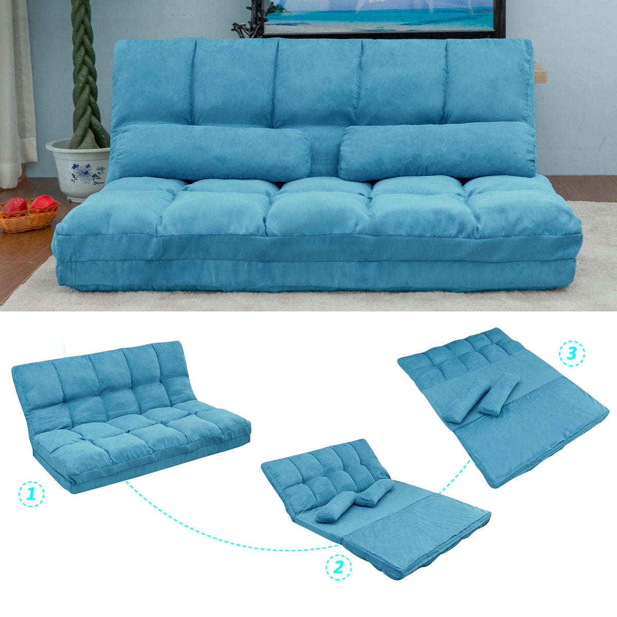 Double Chaise Lounge Sofa Floor Couch And Sofa With Two Pillows Blue Blue Fabric