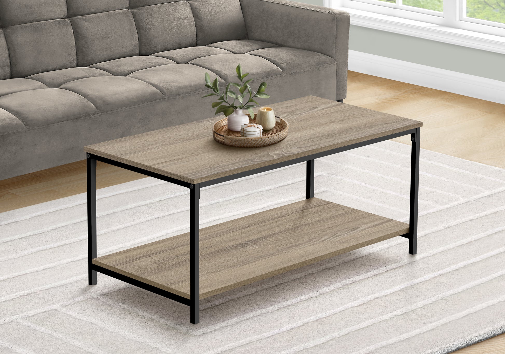 Coffee Table, Accent, Cocktail, Rectangular, Living Room, 40"L, Brown Laminate, Black Metal, Contemporary, Modern Taupe Mdf