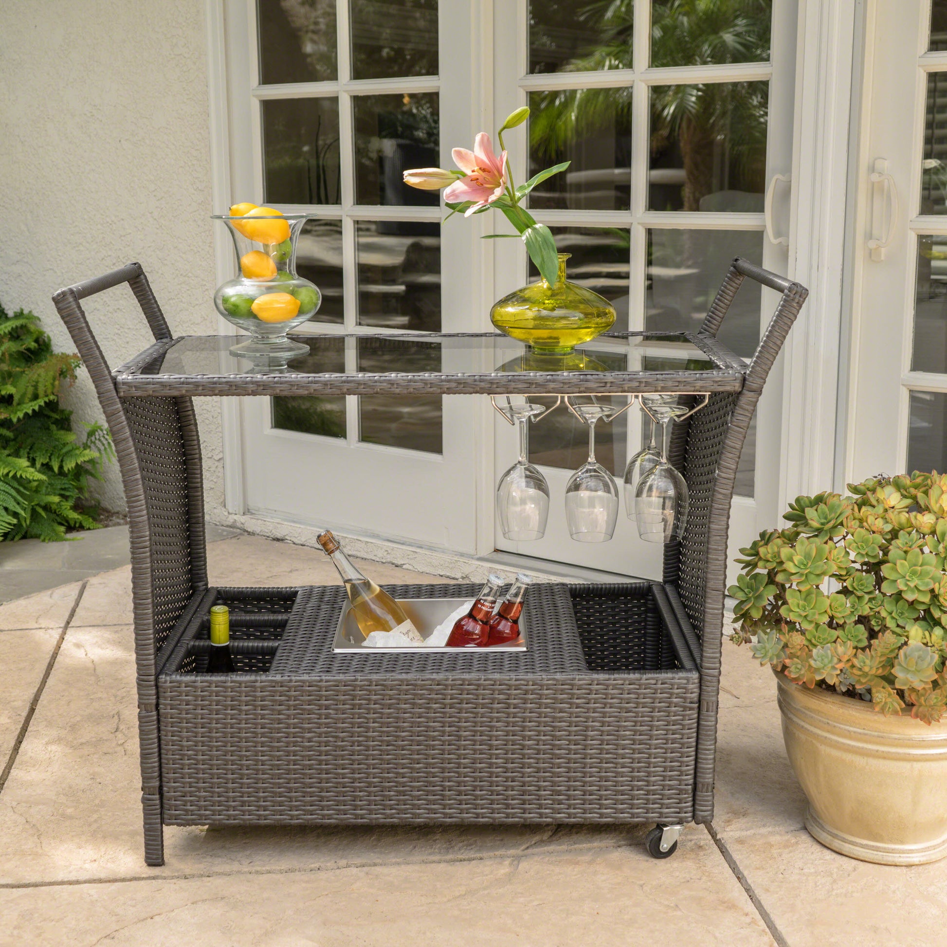 Pe Kd Bar Cart - Grey Rattan Glass