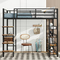 Twin Size Metal Loft Bed With Desk And Shelves, Black Box Spring Not Required Twin Black Metal Solid Wood Mdf