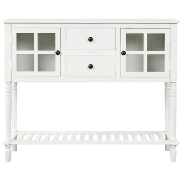 Sideboard Console Table With Bottom Shelf, Farmhouse Wood Glass Buffet Storage Cabinet Living Room White White Solid Wood