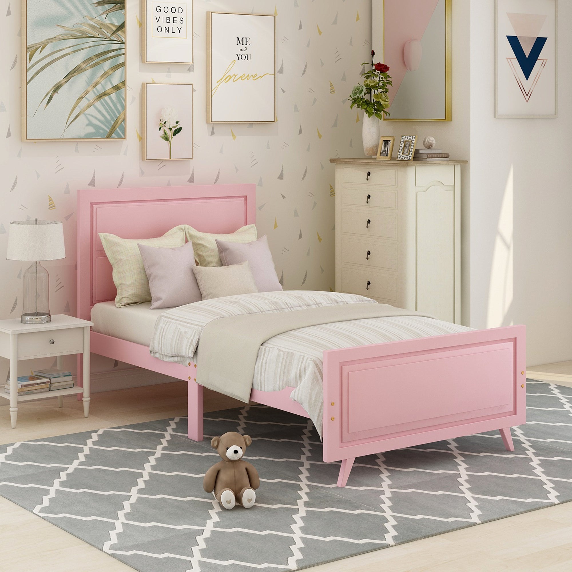 Wood Platform Bed Twin Bed Frame Mattress Foundation With Headboard And Wood Slat Support Pink Pink Solid Wood