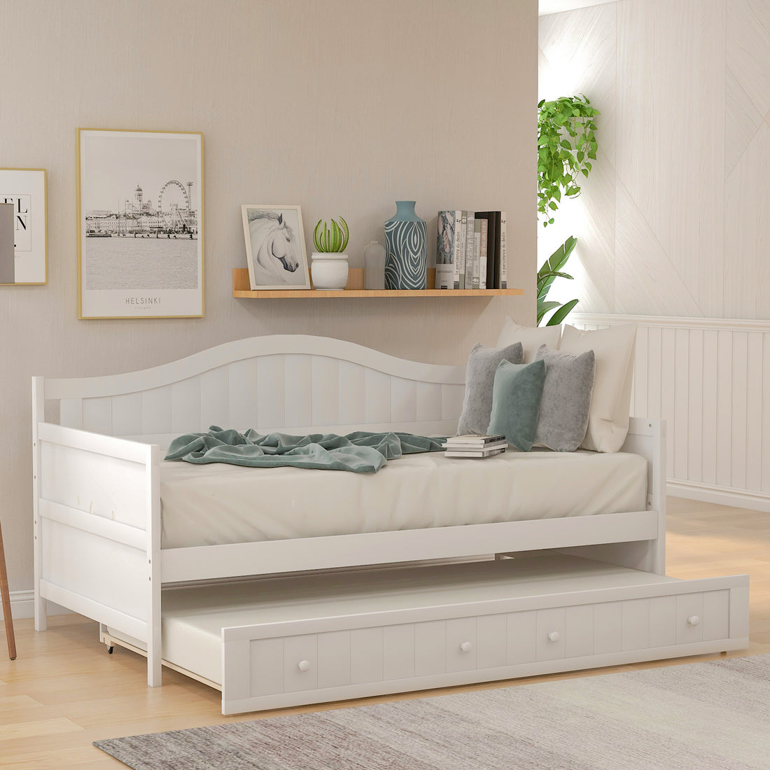 Twin Wooden Daybed With Trundle Bed, Sofa Bed For Bedroom Living Room,White White Solid Wood