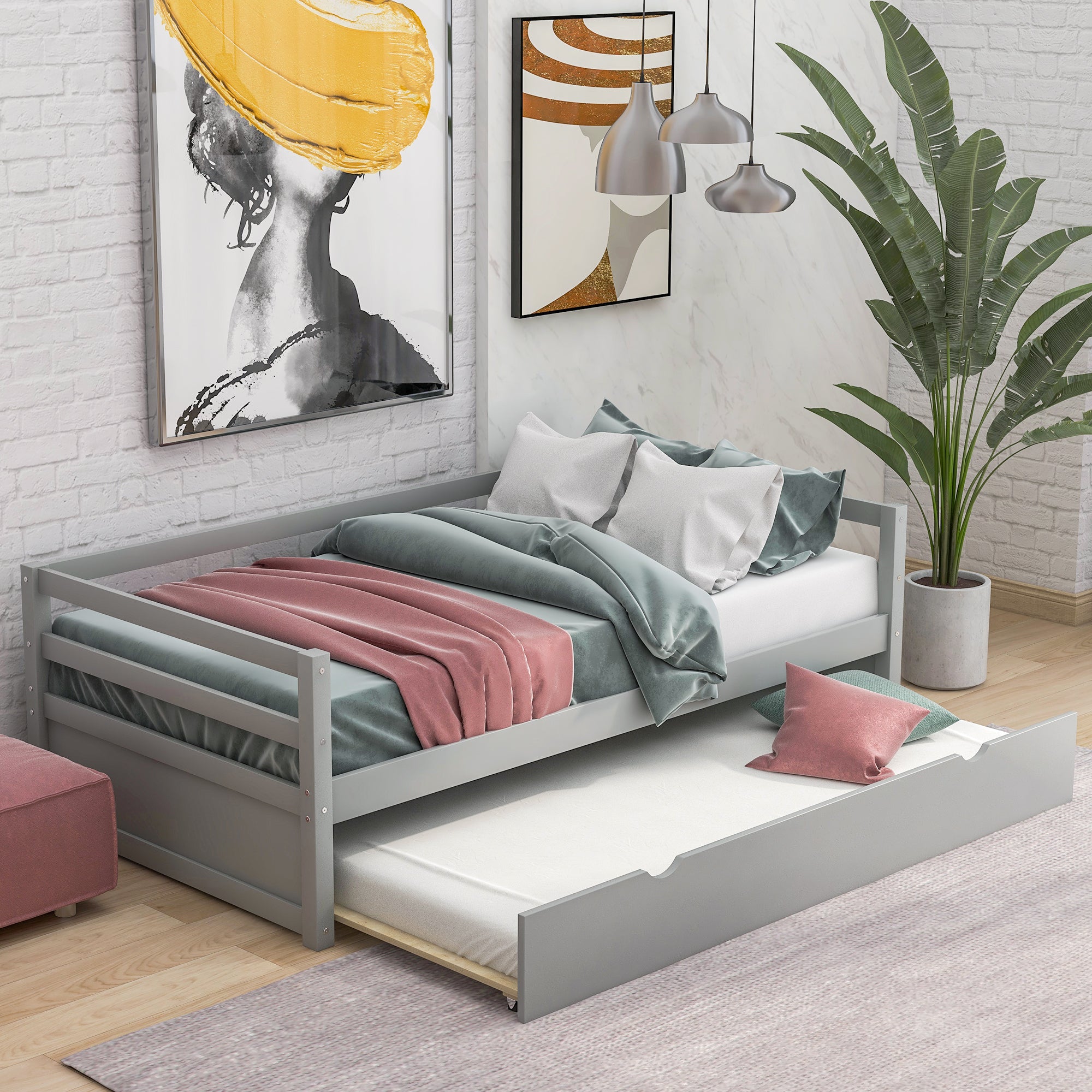 Daybed with Trundle Frame Set, Twin Size, Gray box spring not required-gray-wood-bedroom-pine