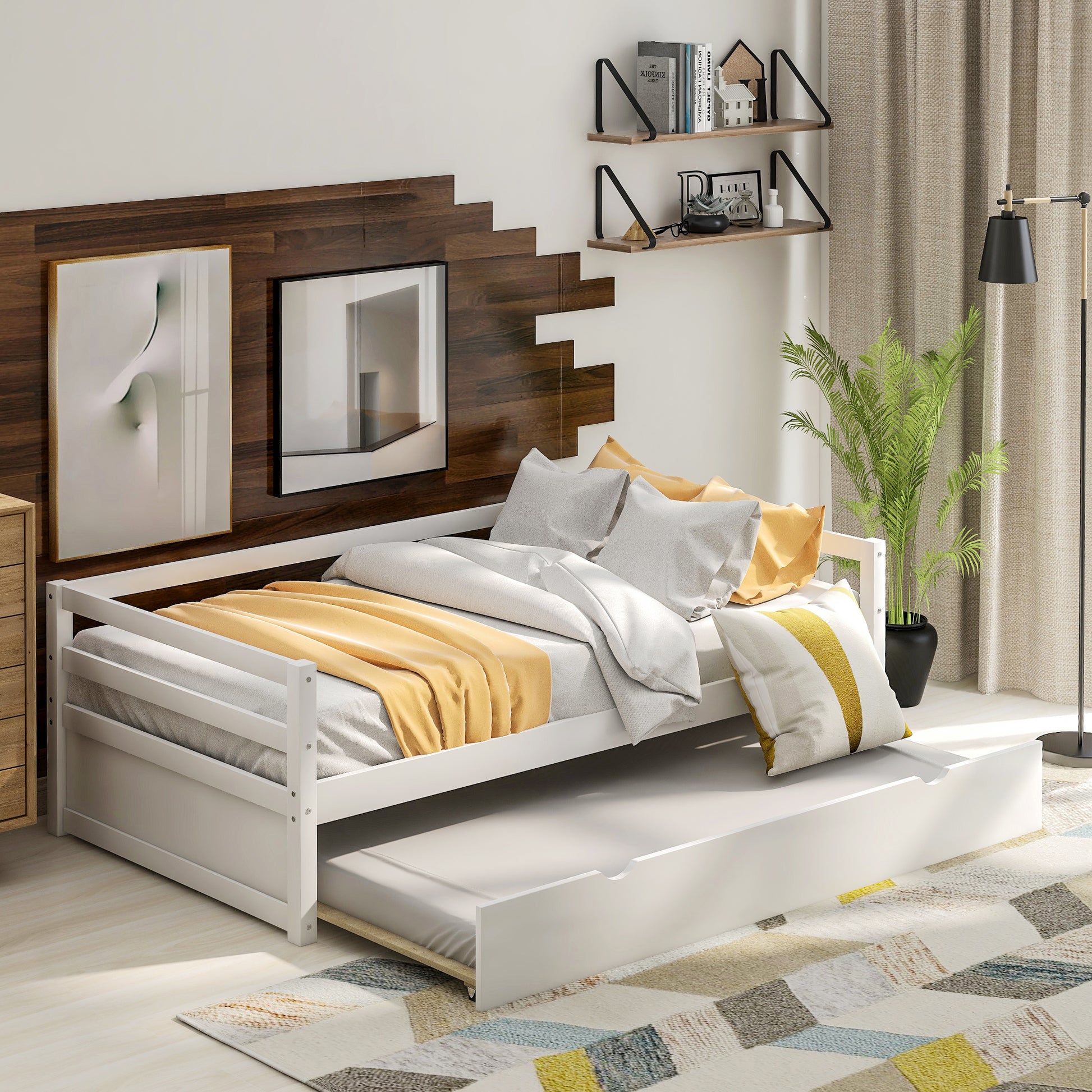 Daybed With Trundle Frame Set, Twin Size, White Box Spring Not Required Twin White Wood Daybeds Pine