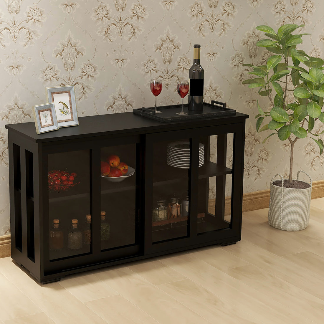 Kitchen Storage Stand Cupboard With Glass Door Black black-mdf