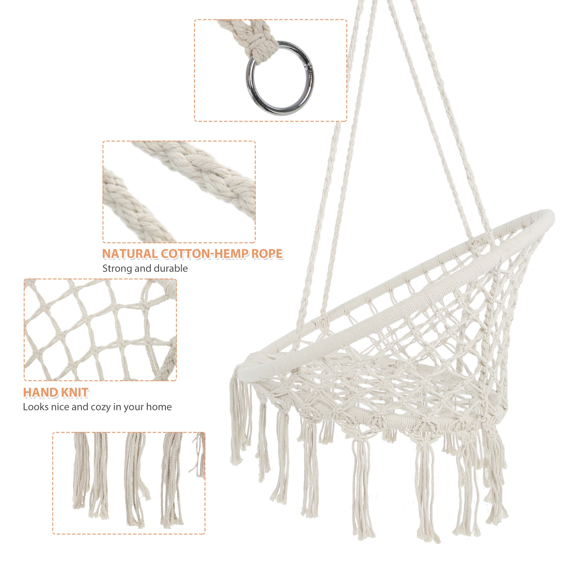Hammock Chair Macrame Swing Max 330 Lbs Hanging Cotton Rope Hammock Swing Chair For Indoor And Outdoor Beige Cotton