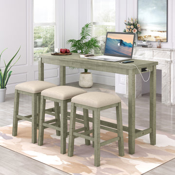 4 Pieces Counter Height Table With Fabric Padded Stools,Rustic Bar Dining Set With Socket,Gray Green Wood Wood Green Wood Dining Room 60 Inches Solid Wood Rustic Rubberwood 4 Leg Rectangular Foam Solid Wood