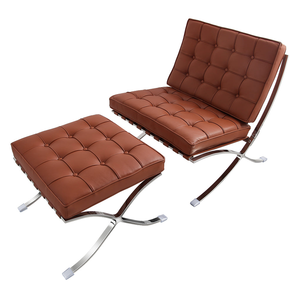 Mid Century Foldable Lounge Chair With Ottoman Brown Genuine Leather