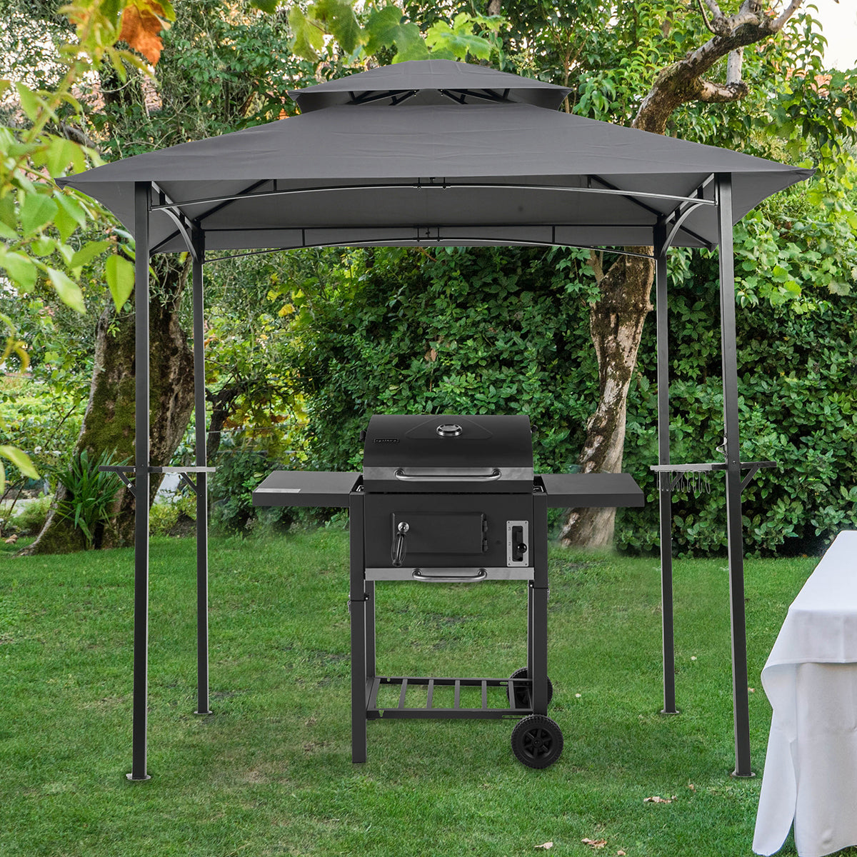 Outdoor Grill Gazebo 8 X 5 Ft, Shelter Tent, Double Tier Soft Top Canopy And Steel Frame With Hook And Bar Counters, Grey Gray Metal