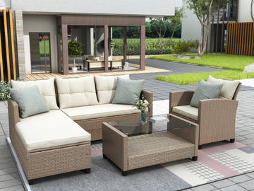 Outdoor, Patio Furniture Sets, 4 Piece Conversation Set Wicker Ratten Sectional Sofa With Seat Cushions Beige Brown Beige Rattan