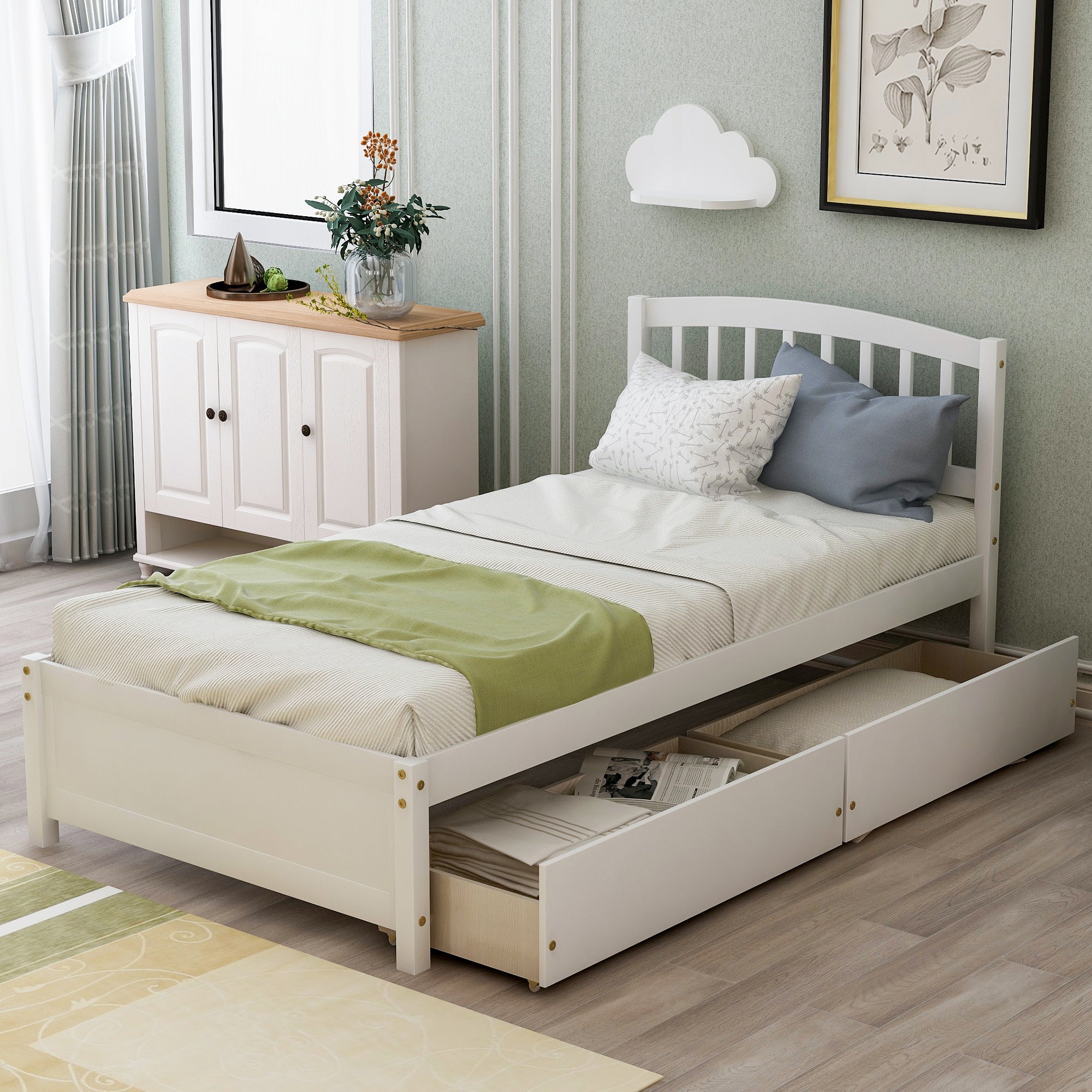 Twin Platform Storage Bed Wood Bed Frame With Two Drawers And Headboar
