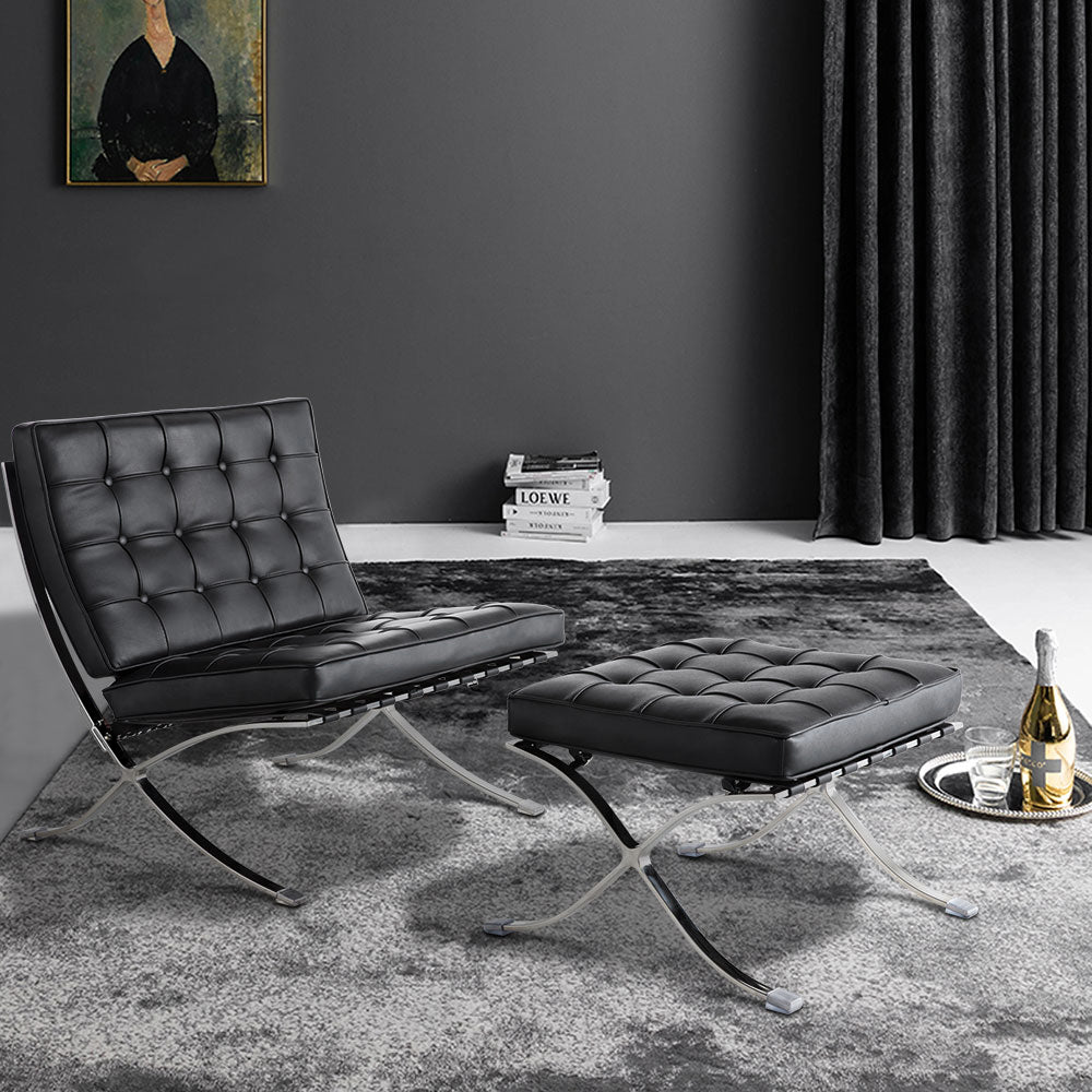 Mid Century Foldable Lounge Chair With Ottoman Black Genuine Leather 1 Seat