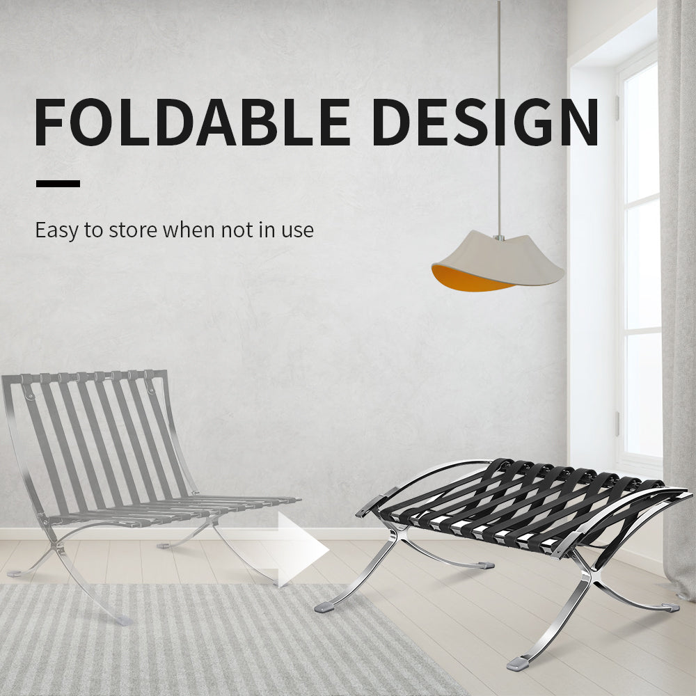 Mid Century Foldable Lounge Chair With Ottoman Black Genuine Leather 1 Seat