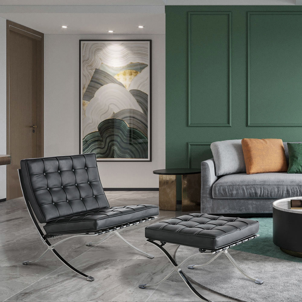 Mid Century Foldable Lounge Chair With Ottoman Black Genuine Leather 1 Seat