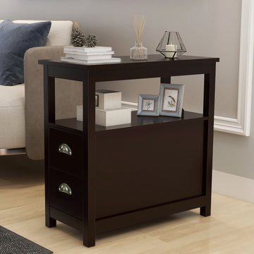 End Table Narrow Nightstand With Two Drawers And Open Shelf Brown Brown Mdf