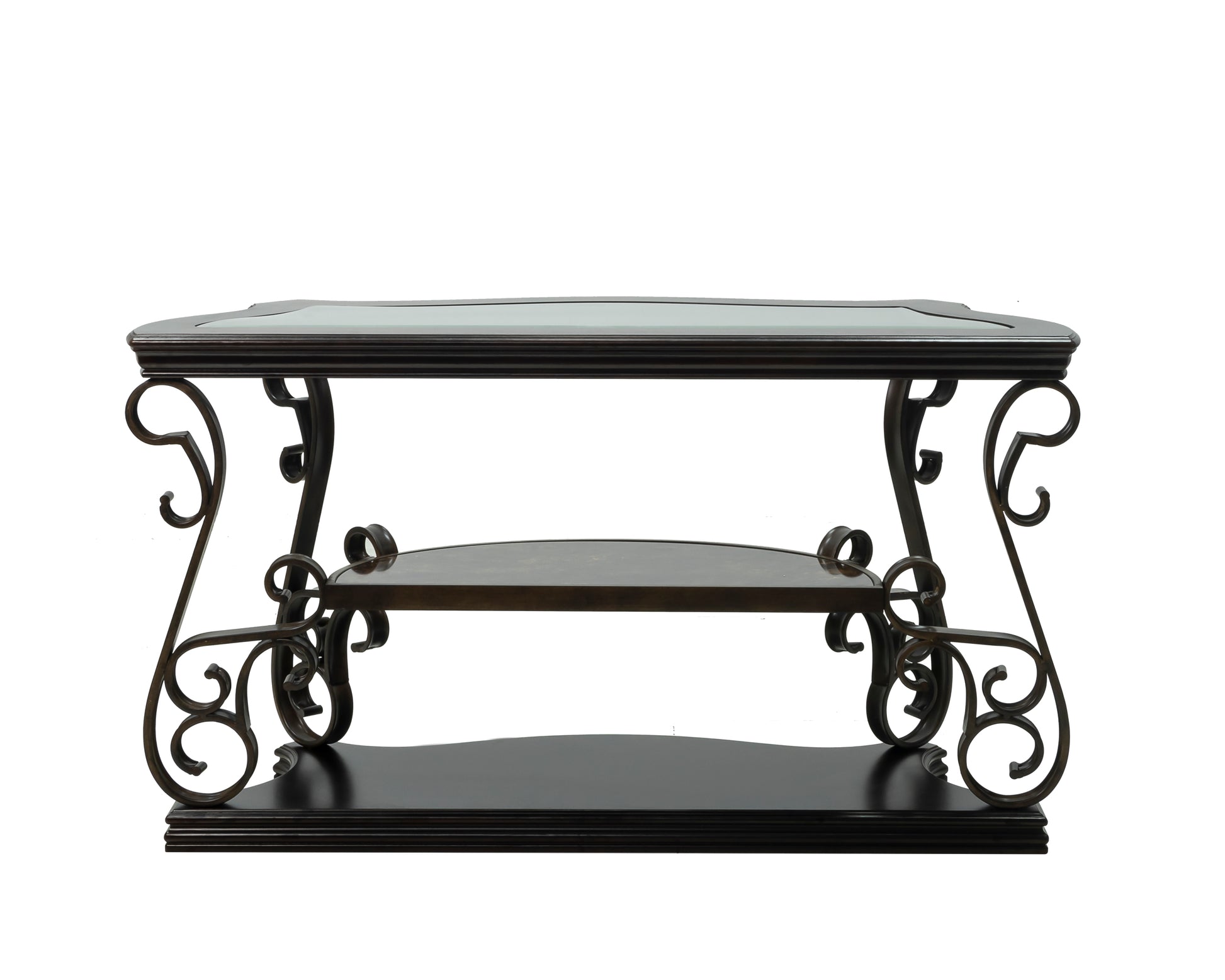 Sofa Table, Glass Table Top, Mdf W Marble Paper Middle Shelf, Powder Coat Finish Metal Legs. 54"Lx20"Wx30"H Brown Glass