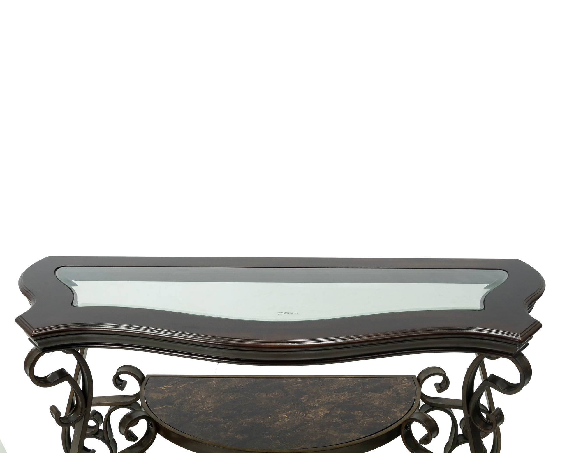 Sofa Table, Glass Table Top, Mdf W Marble Paper Middle Shelf, Powder Coat Finish Metal Legs. 54"Lx20"Wx30"H Brown Glass