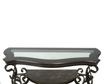 Sofa Table, Glass Table Top, Mdf W Marble Paper Middle Shelf, Powder Coat Finish Metal Legs. 54"Lx20"Wx30"H Brown Glass