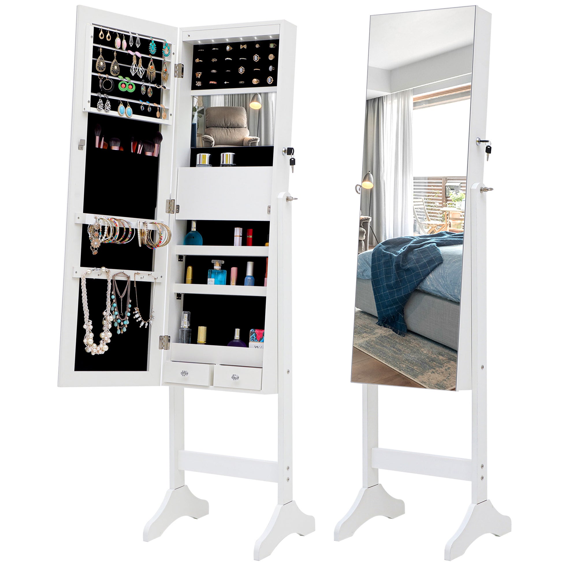 Fashion Simple Jewelry Storage Mirror Cabinet With Led Lights,For Living Room Or Bedroom White Mdf