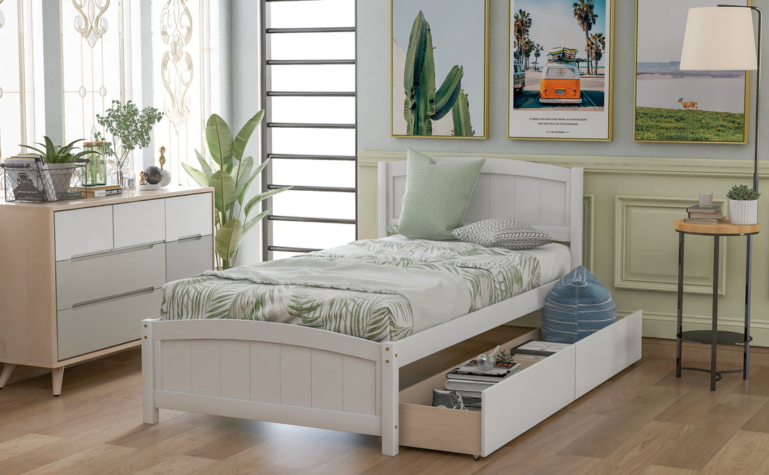 Twin Size Platform Bed With Two Drawers, White White Solid Wood