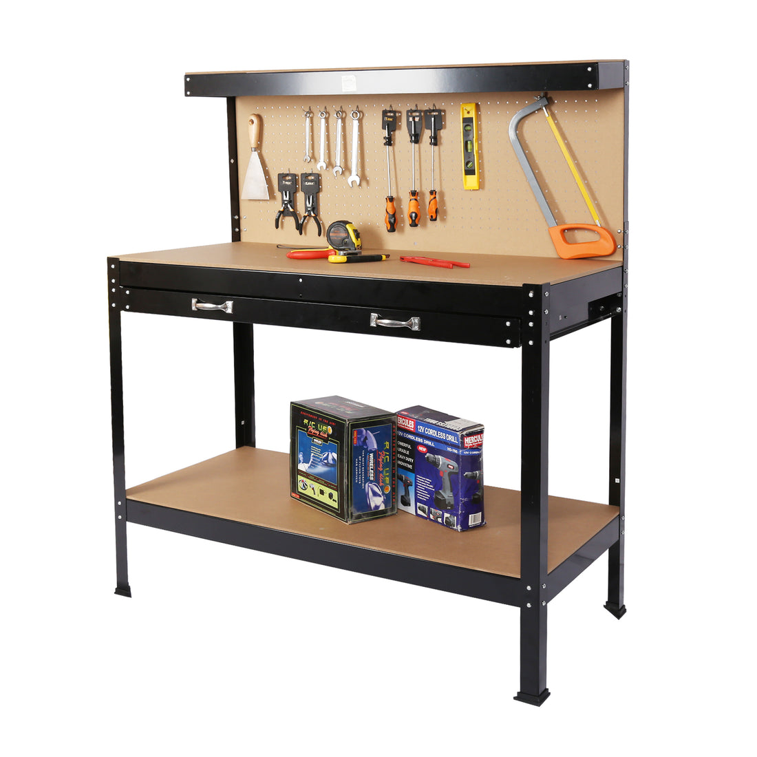 Steel Workbench Tool Storage Work Bench Workshop Tools Table W Drawer And Peg Board 63" Black Steel